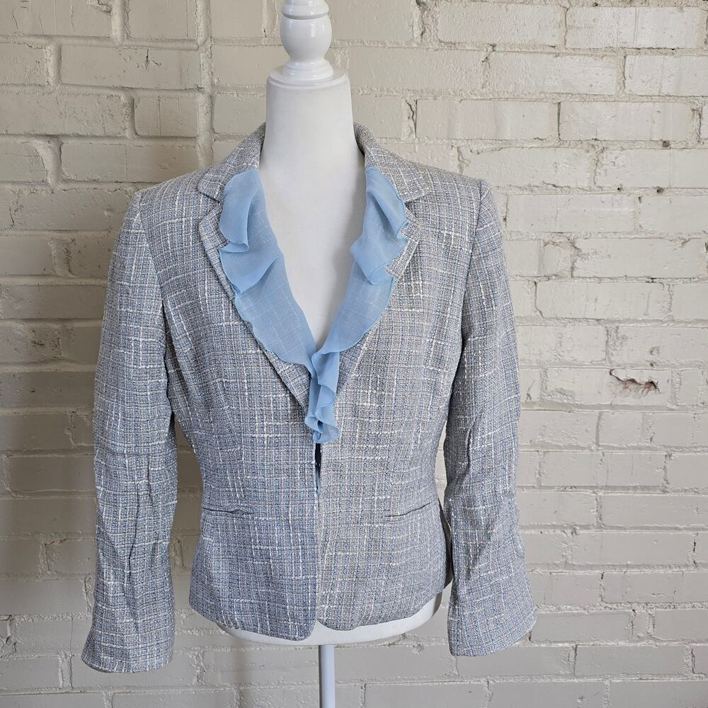 Baby Blue Silk Blend Tweed Blazer ┃Ruffle Collar ┃Career Jacket ┃Liz Claiborne